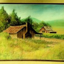 Watercolor painting of rural house & barn by Walter H. Harned