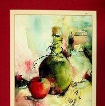 Watercolor painting of a jug & apple by June Littell
