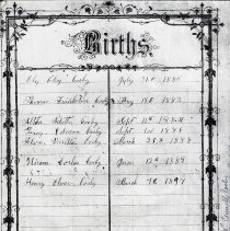 Page from Cosby family Bible about births of Ziba & Sarah Cosby's children