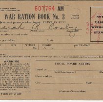 War Ration Book No. 3 issued to Sarah A. (McConnell) Cosby during WW II