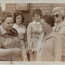 Jan Wahl, Lucille Dillon & Bernice Horrall at check presentation (ca. 1970-