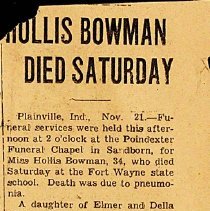 Obituary of Hollis Bowman from Odon, Indiana (ca. 1920-1930)
