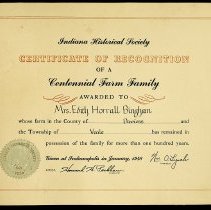 1948 certificate to Edith (Horrall) Bingham as a Centennial Farm Family