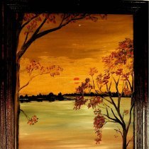 Oil painting of lake in wooded area