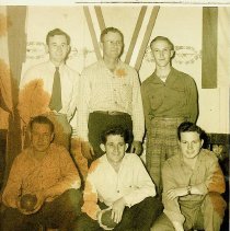 Six men with a miniature bowling game (1947)