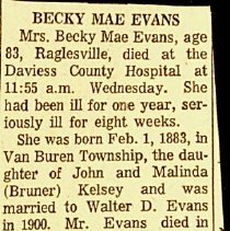 Obituary of Becky Mae Evans (1883-1966)