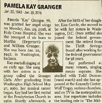 Newspaper obituary for Pamela Kay Granger (1942-2018)