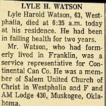 1971 Newspaper Obituary for Lyle H. Watson