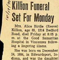 Obituary for Alice Birdie (Reeve) Killion (1884-1970)