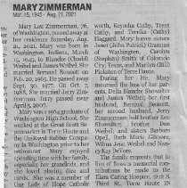 Obituary of Mary Lou (Weibel) Zimmerman (1945-2021)
