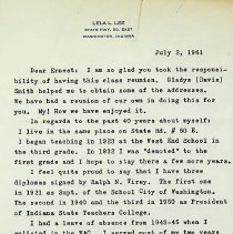 1961 letter from Lela L. Lee, WHS class of 1921