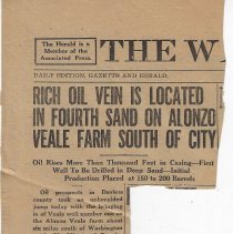 1927 article about oil well on Alonzo Veale farm in Veale Township