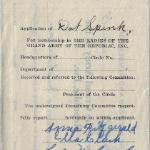 Dot Spink's 1939 application to join Ladies of the G.A.R.