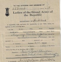 Isis (Kilgore) Sheridan's 1934 application to join Ladies of the G.A.R.