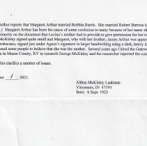 Althea Laakman's 2021 letter about McKinley and Arthur families