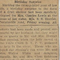 1925 article about surprise birthday party for Mrs. Charles Lewis