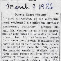 1926 article about Abner D. Colbert celebrating his 90th birthday