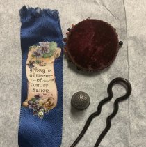 Two thimbles, pin cushin, hairpin & ribbon