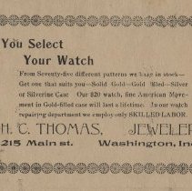 1896 ad for H. C. Thomas Jewelery Store in Washington