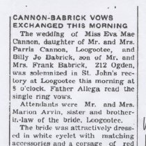 1949 wedding announcement of Billy Babrick & Eva Mae Cannon