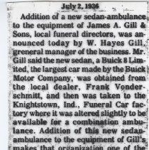 1936 article about purchase of a Buick sedan by Gill Funeral Home
