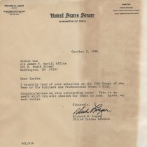 1986 letter from Senator Lugar to Jackie Lee