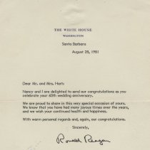 1981 letter from President Reagan to Bill & Cdv Hart in Washington