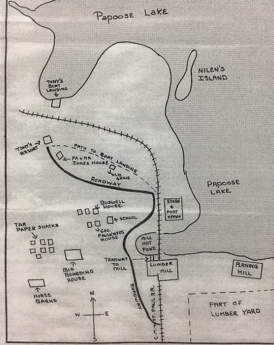 Hand drawn map of Buswell Lumber Mill community by Abe LaFave. Date