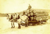 Sleigh loaded with logs, team of horses, driver on top