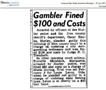 1/27/1947 Hanke arrested and fined on gambling charges