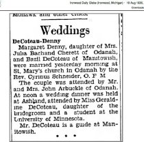 1936 Basil DeCoteau marries Margaret Denny