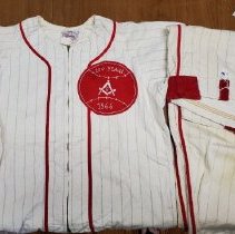 Baseball uniform and pants-White with red pin stripes-Patch reads 100 Years