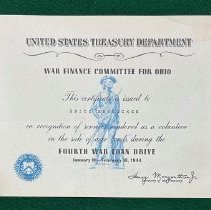 Certificate Recognizing Edith Hunsicker for War Bond Sales, 4th Drive