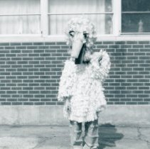 Person in Big Bird costume in parking lot of Temple Beth-El