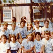 Smurf campers posing at a picnic table