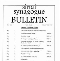 Sinai Synagogue Bulletin, May, 2000, Vol. 70, #9