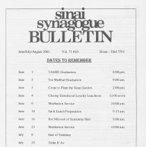 Sinai Synagogue Bulletin, June/July/August, 2001, Vol. 71, #10