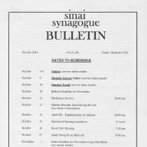 Sinai Synagogue Bulletin, October, 2001, Vol. 71, #2