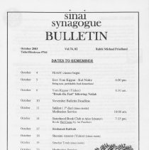 Sinai Synagogue Bulletin, October, 2003, Vol. 74, #2