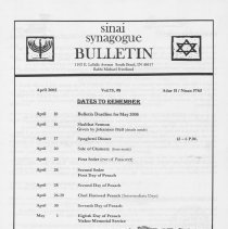 Sinai Synagogue Bulletin, April, 2005, Vol. 75, #8