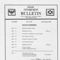 Sinai Synagogue Bulletin, April, 2008, Vol. 77, #8