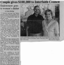 Article from unknown source, date unknown titled "Couple gives $100,000 to