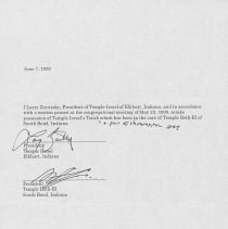 Written announcement  signed by Larry Zavatsky, President of Temple Israel,