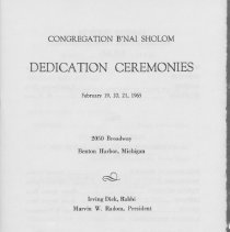 Program from Dedication Ceremonies for Congregation B'Nai Sholom