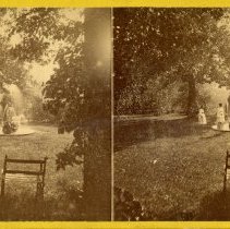 Potter's Grove with fountains and three people
