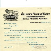 Arlington Machine Works receipt letter