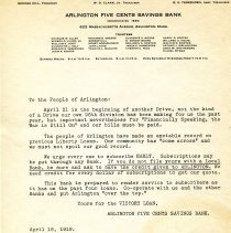 Victory Loan letter from Arlington Five Cents Savings Bank
