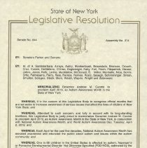 State of New York Legislative Resolution - Autism Awareness Month