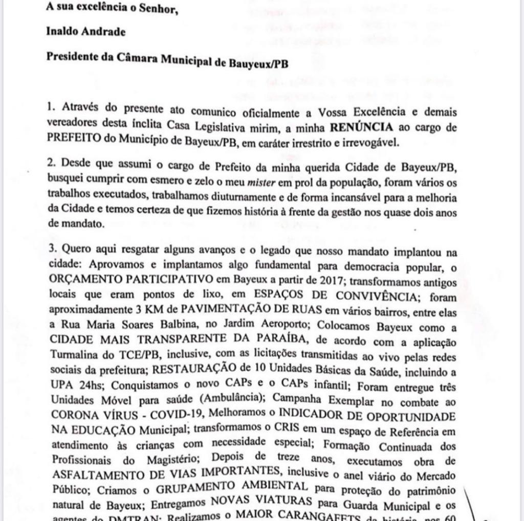 NOVO CAPÍTULO : Berg Lima renuncia ao cargo de prefeito em Bayeux e impõe eleições indiretas no município WhatsApp Image 2020 07 14 at 09.27.02 - NOVO CAPÍTULO : Berg Lima renuncia ao cargo de prefeito em Bayeux e impõe eleições indiretas no município