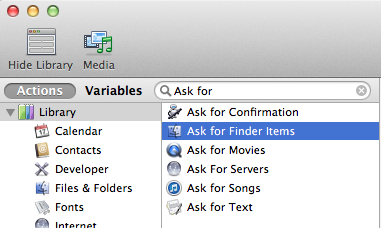 selecting automator actions